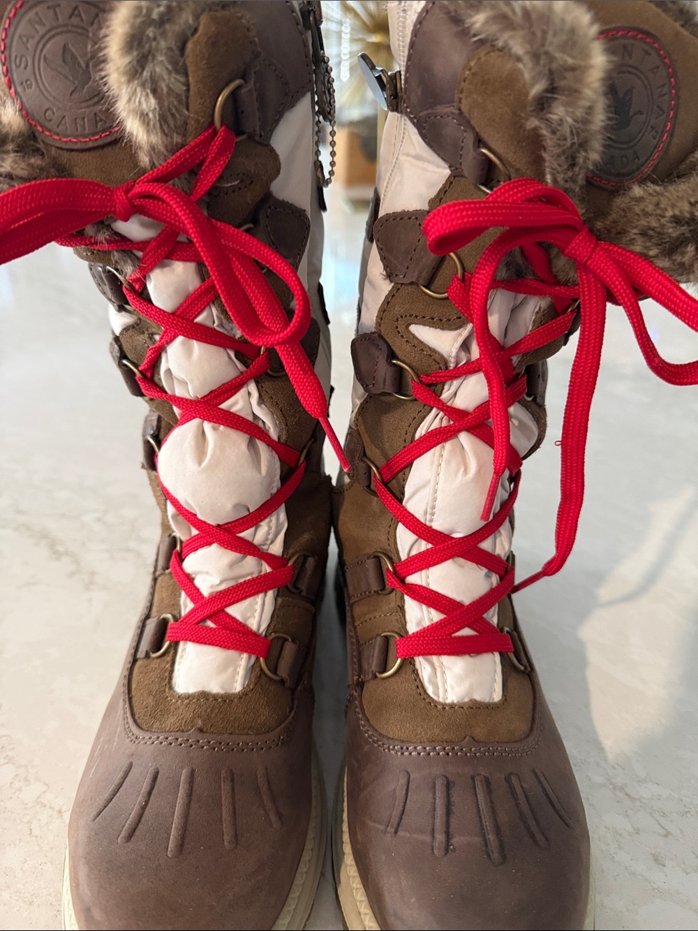 Santana Canada Brown and White Winter Boots with Red Laces
